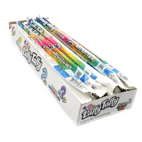 Laffy Taffy Ropes Mystery Flavor, 24 count display box, 10 inch long swirled colorful taffy ropes.