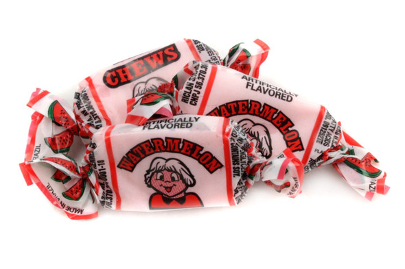 Albert's Watermelon Fruit Chews, 240 individually wrapped red chewy candies, mouth-watering summer flavor.