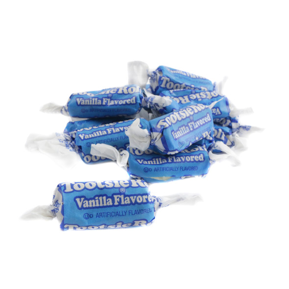 Vanilla Tootsie Rolls, creamy white chewy candy in vibrant blue wrappers. Individually wrapped, approx. 68 per pound.