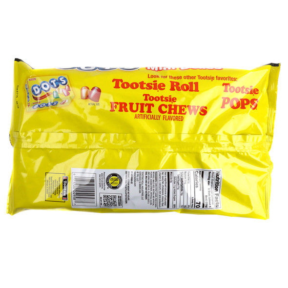The back of a Dots Mini Boxes 17 Piece Bag, showing the nutrition facts panel, ingredients list, and allergen safety information