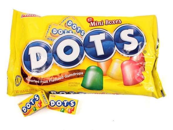 Dots Mini Boxes 17 Piece Bag, 17 colorful mini boxes of chewy fruit gumdrop candy, rainbow assortment. Cherry, lemon, lime, orange flavors.