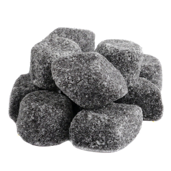 Diamond-shaped Black Licorice Dutchies, sugar-coated, 65 per pound. Mild black licorice candy from Holland.