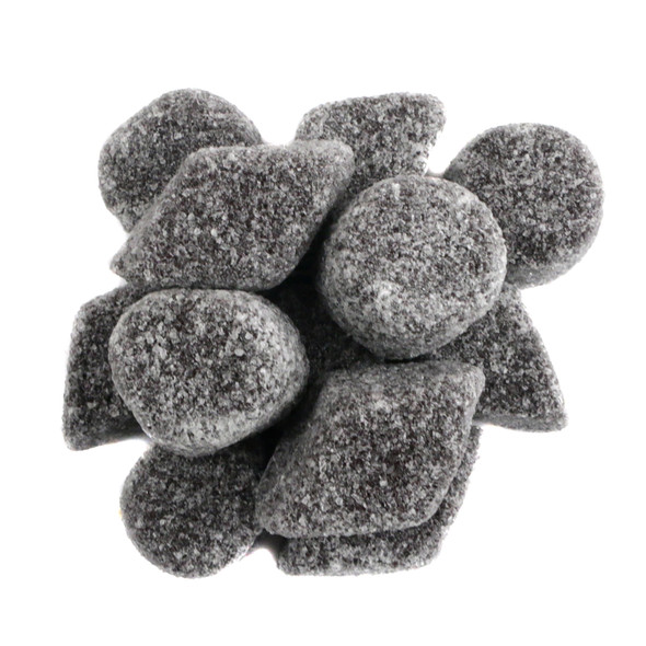 Diamond-shaped Black Licorice Dutchies, sugar-coated, from Holland. Mild licorice flavor, approx 65 pieces per pound.