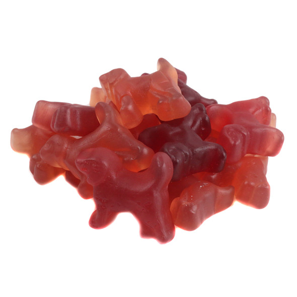 Red gummy licorice beagles, 65 pieces per pound. Cherry, strawberry, black currant flavors. Imported from Holland.
