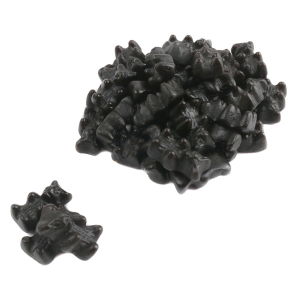 Sugar Free Black Licorice Gummy Bears, many glossy black gummy bears from Gerrit Verburg, made in Holland.