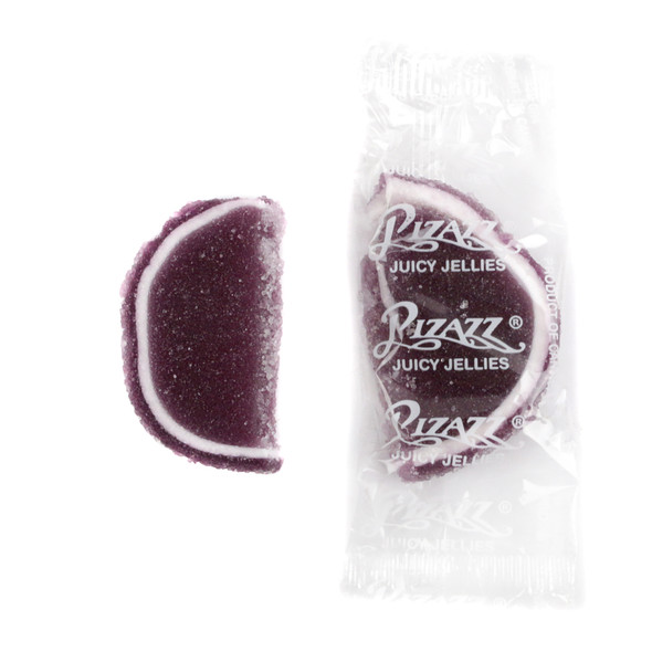 Grape Jelly Fruit Slices, individually wrapped, purple candy, approximately 32 per pound, Cavalier Candies.