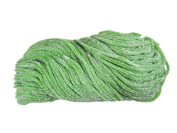 2 lb bag of bright green sour apple shoestring licorice laces, sugar-coated. Soft, tart candy, approximately 100 laces.