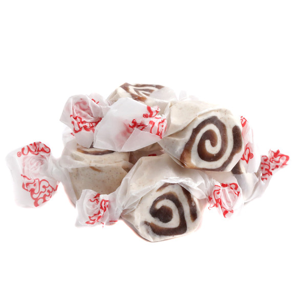 Taffy Town Salt Water Taffy, Cinnamon Roll. Brown and white swirled chewy candy, approx. 65 pieces per pound, USA.