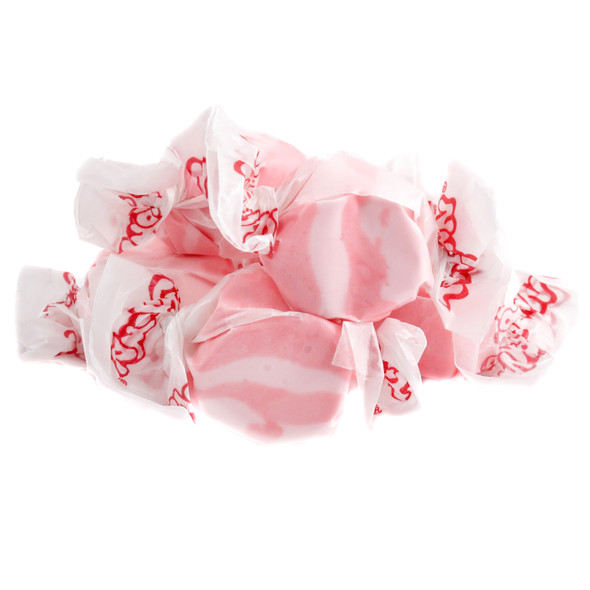 Vibrant pink Taffy Town Cranberry Raspberry Salt Water Taffy, chewy, individually wrapped, approx 65 pieces per pound.