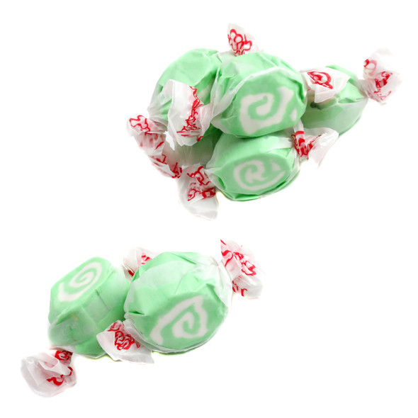 Salt Water Taffy Key Lime, green and white swirled, approximately 65 pieces per pound, by Taffy Town.