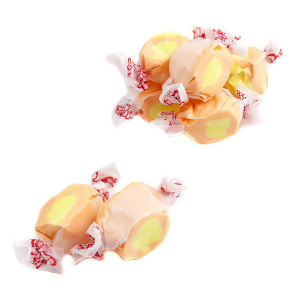 Bright orange Mango Salt Water Taffy, 65 pieces per pound, sweet and tart tropical luau candy.