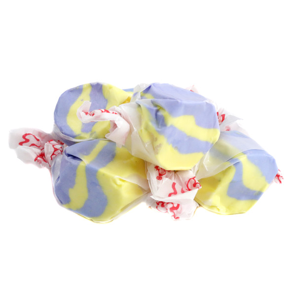 Taffy Town Raspberry Lemonade salt water taffy, purple and yellow, approx 65 individually wrapped pieces per pound.