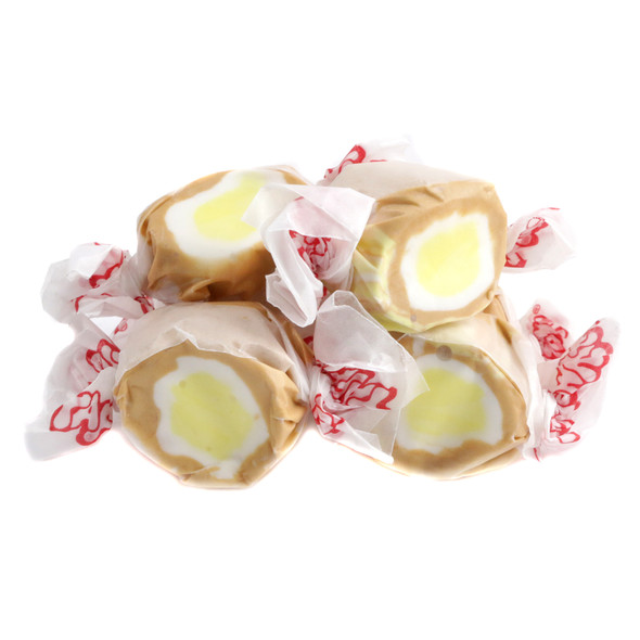 Chewy yellow & brown Taffy Town Salt Water Taffy Banana Creme Pie pieces, gluten free, Made in USA.