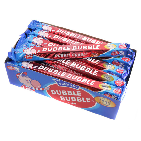 Dubble Bubble Big Bars, 24 pack. Pink 3oz classic bubblegum bars, 24 per box.