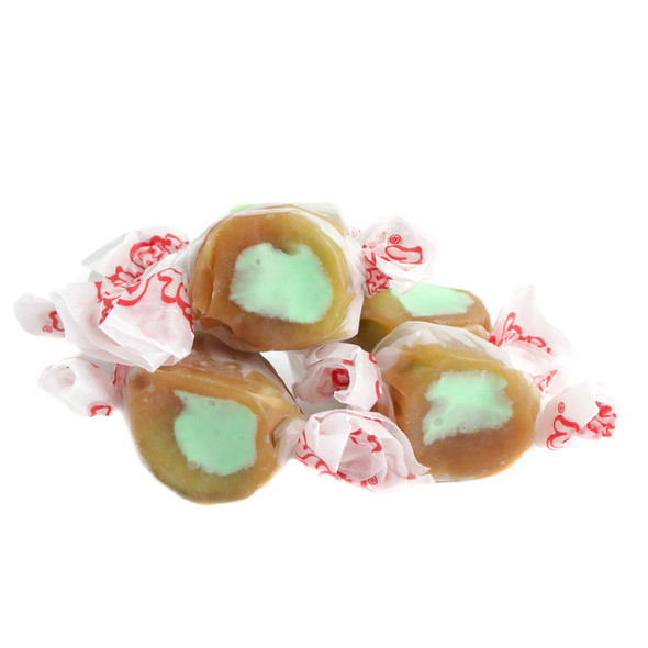 Soft, juicy Taffy Town Caramel Apple Salt Water Taffy, green and brown marbled pieces, 65 per pound.