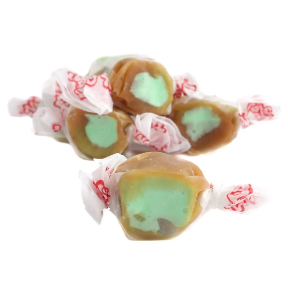 Green and brown Salt Water Taffy, Caramel Apple flavor, soft and juicy, approx 65 pieces per pound, Taffy Town.