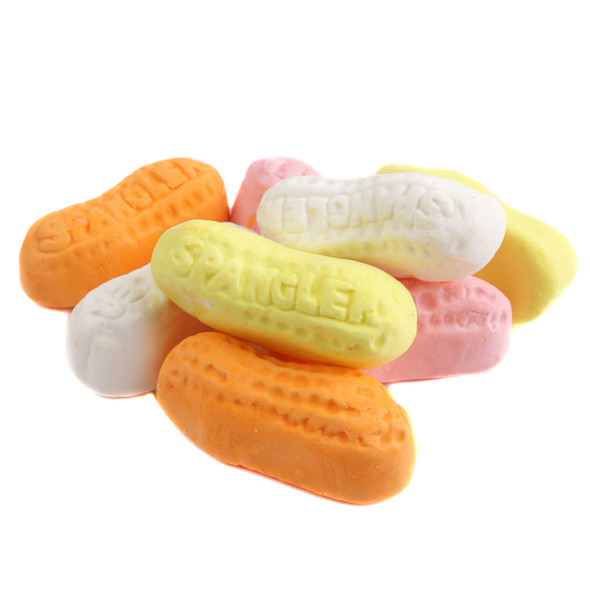 Assorted old-fashioned marshmallow Circus Peanuts, 60 pieces. Orange, yellow, white, pink soft chewy candy.