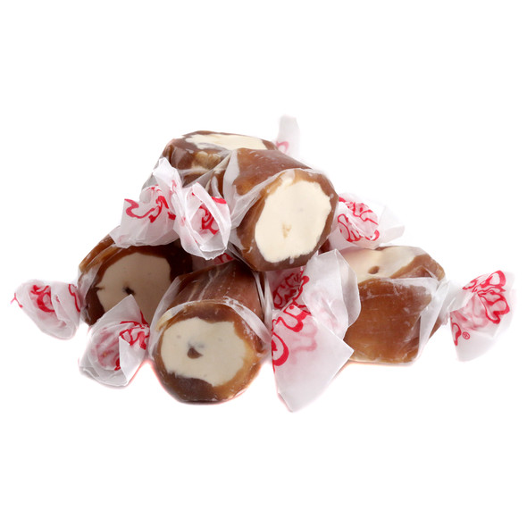 Brown, soft, chewy Taffy Town Salt Water Taffy, Chocolate Caramel Mocha, 1 lb, approx 65 pieces.