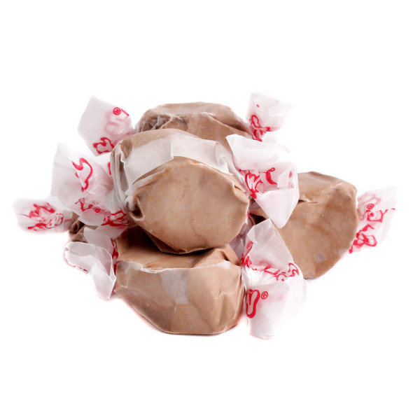 Taffy Town chocolate salt water taffy, chewy brown pieces, approximately 65 per pound, Made in USA.