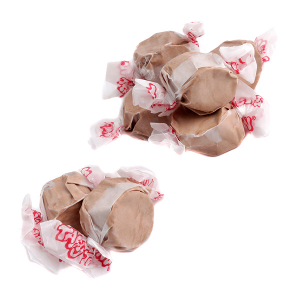 Taffy Town Salt Water Taffy Chocolate, chewy brown candy, approx 65 pieces per pound, made in USA.