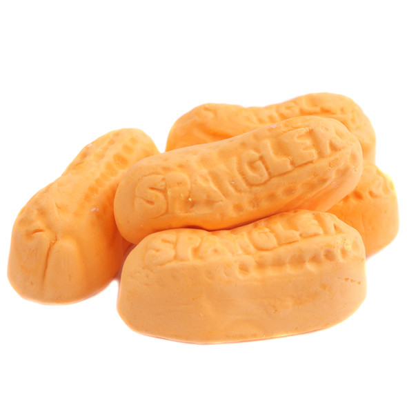 Orange Circus Peanuts, peanut-shaped banana marshmallow candy, approx 60 pieces per pound.