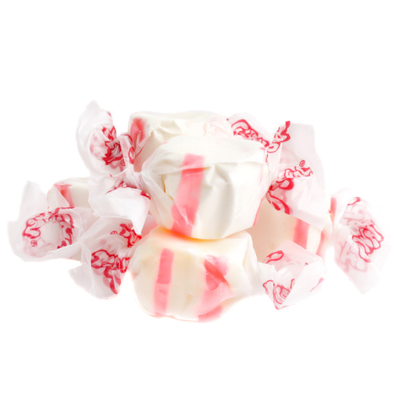 Bright red peppermint salt water taffy, approximately 65 pieces per pound, gluten-free Christmas candy, Made in USA.