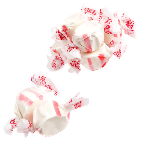 Bright red peppermint salt water taffy, 65 pieces per pound, festive Christmas candy. Gluten-free, USA made.