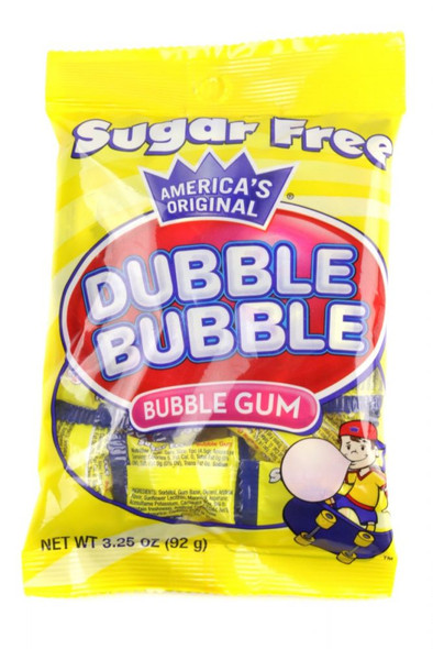 12 bags of individually wrapped pink, chunk-shaped Sugar Free Dubble Bubble gum, 3.25oz each.