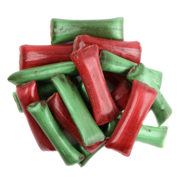 Red and green striped Christmas chocolate straws, 2-inch, crispy, creamy chocolate-filled, old-fashioned.