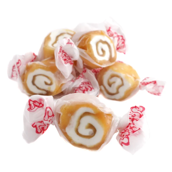 Brown Salt Water Taffy Caramel Swirls, approximately 65 pieces per pound, Taffy Town brand.