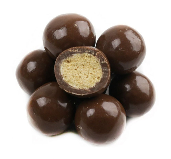 Brown milk chocolate malt balls, smooth velvety coating, crispy center, delicious candy, buy in bulk.