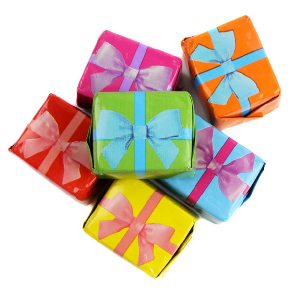 Brightly wrapped colorful foil milk chocolate cubes, resembling mini presents. Approx 48 pieces by Madelaine.