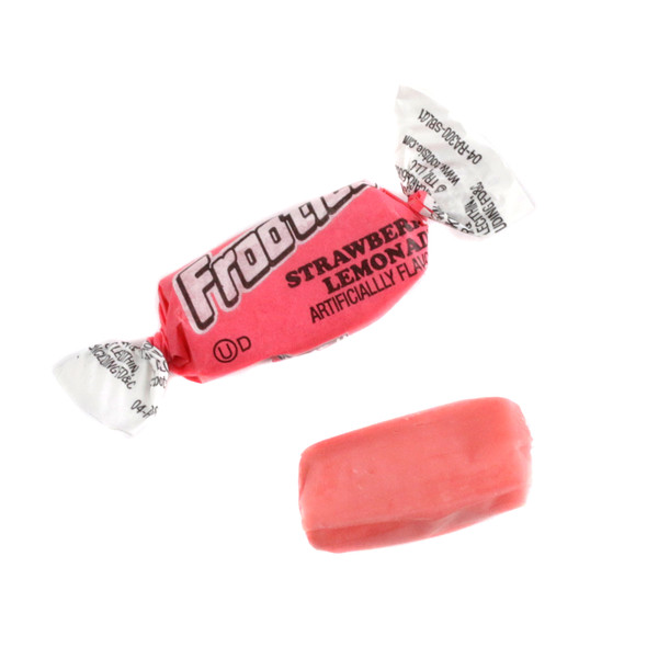 Bright pink Strawberry Lemonade Frooties, approx. 140 chewy candies per pound. Sweet strawberry, tart lemonade candy by Tootsie Roll.
