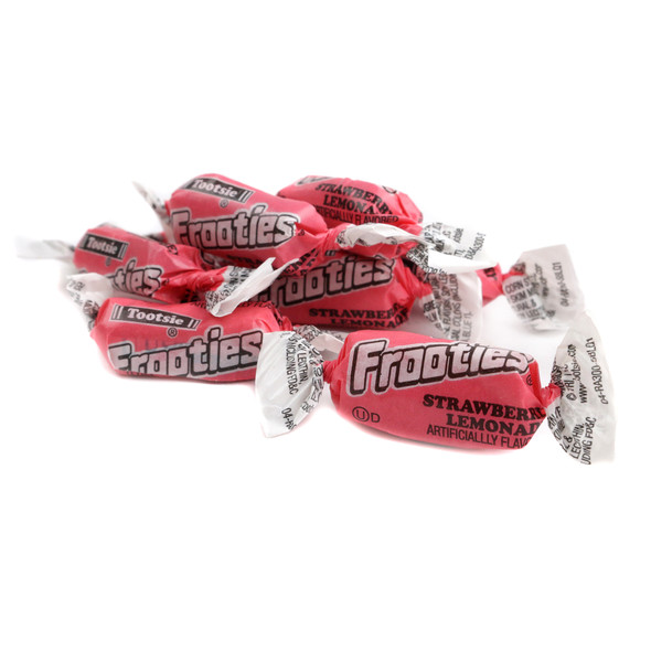 Bright pink Strawberry Lemonade Frooties, chewy candy, approx 140 pieces per pound, by Tootsie Roll.