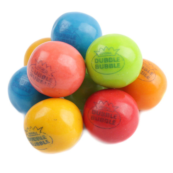 Dubble Bubble Rainbow Gumballs, 1-inch, 50 per lb. Vibrant red, orange, yellow, green, blue, purple assorted fruit flavors.
