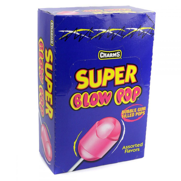 48 assorted fruit-flavored Charms Super Blow Pops, multi-colored cherry, watermelon, sour apple, blue razz, grape, strawberry.