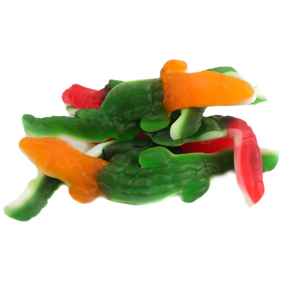 Vidal Gummy Crocodiles, vibrant green 5-inch fruit flavored gummies with white bellies.