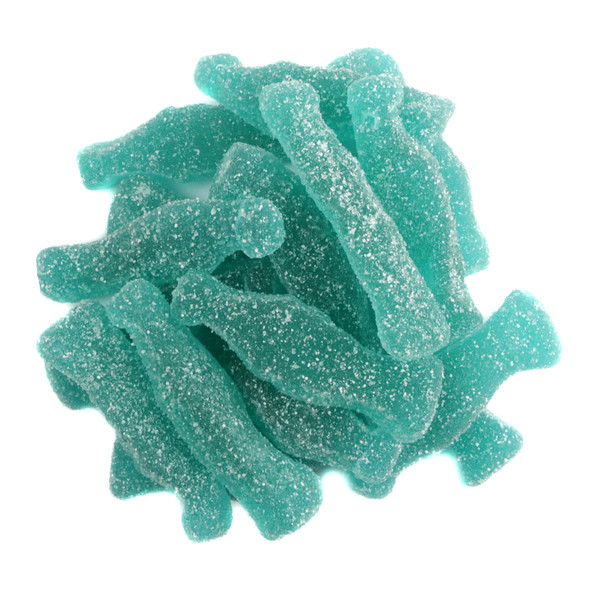 Blue raspberry sour gummy candy bottles, sugar coated. Approx 69 pieces per pound.