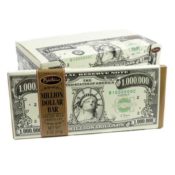 Bartons Million Dollar milk chocolate candy bars, 12 count box. Green, gold foil wrapped, 2oz luxury chocolate bars.