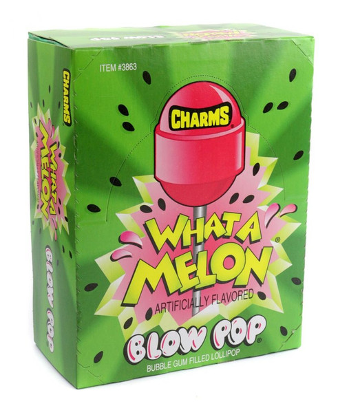 Vibrant green What A Melon Charms Blow Pops, 48 watermelon lollipops with bubblegum centers.