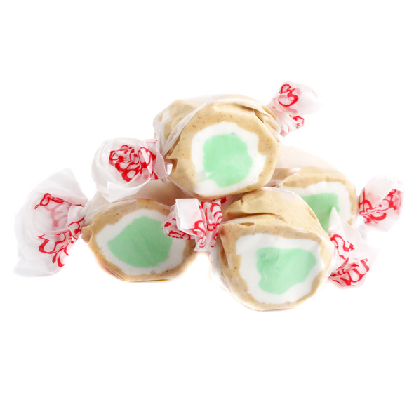 Taffy Town Apple Pie salt water taffy, light green, approx 65 fluffy pieces per pound, gluten-free.