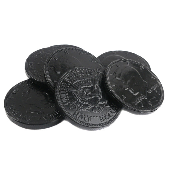 Black foil-wrapped milk chocolate coins, 1.5-inch, with US half dollar design. Approx 80 Fort Knox coins per pound.