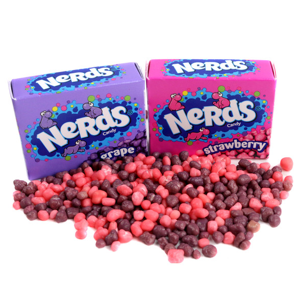 Nerds Strawberry and Grape mini boxes, colorful red, pink, and purple candy. Tangy and crunchy, approximately 27 per pound.