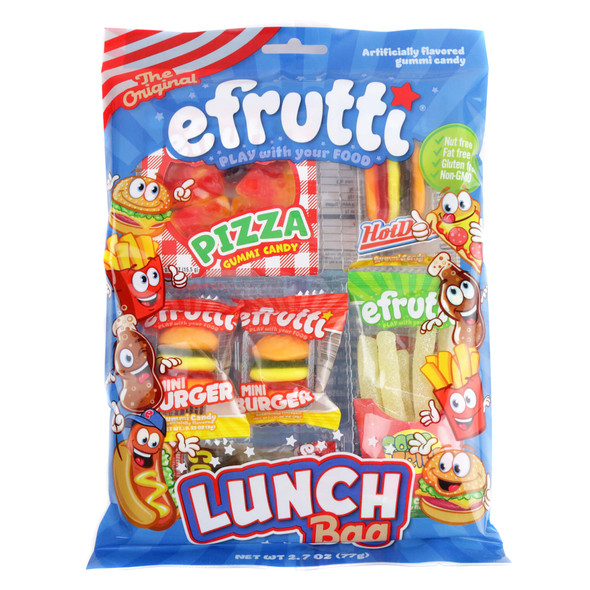 Assorted gummy lunch bag candy with realistic colorful burgers, hot dogs, fries, pizza, and cola bottles.