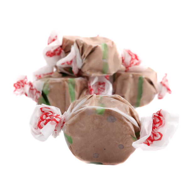 Taffy Town chocolate mint salt water taffy, approx. 65 brown and green pieces per pound, delicious USA made candy.