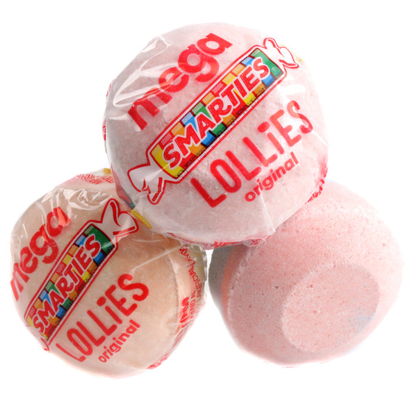 30 Smarties Mega Double Lollies, assorted pastel colors, two split fruity flavors per pop, vegan, gluten-free.