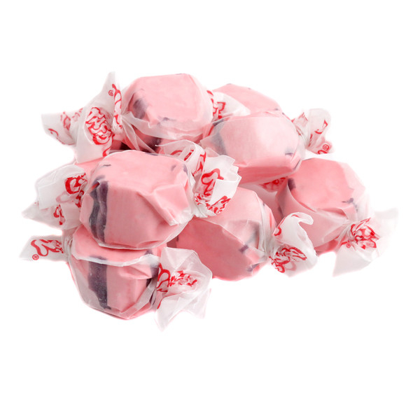 Taffy Town Pomegranate Salt Water Taffy, approx 65 sweet and tart pink and purple pieces.