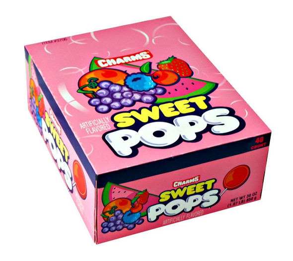 Charms Sweet Pops, 48 piece assorted flat lollipops. Blue, cherry, grape, orange, strawberry, watermelon flavors.