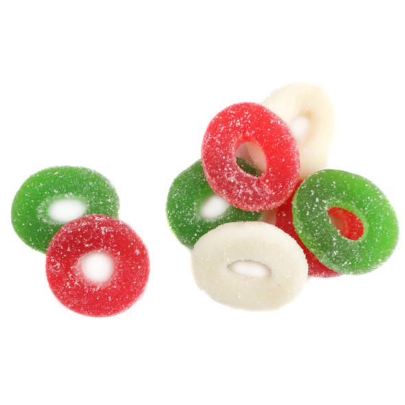 Red, white, and green sugar-coated Christmas gummy wreaths, approx. 55 per pound. Festive, USA-made, gluten-free.