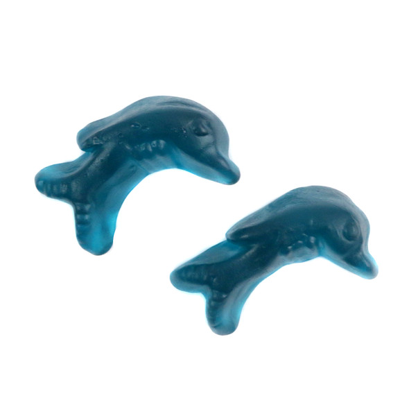 Blue gummy dolphins, realistic 2.5 inch blueberry flavored candy, approx 57 per pound.
